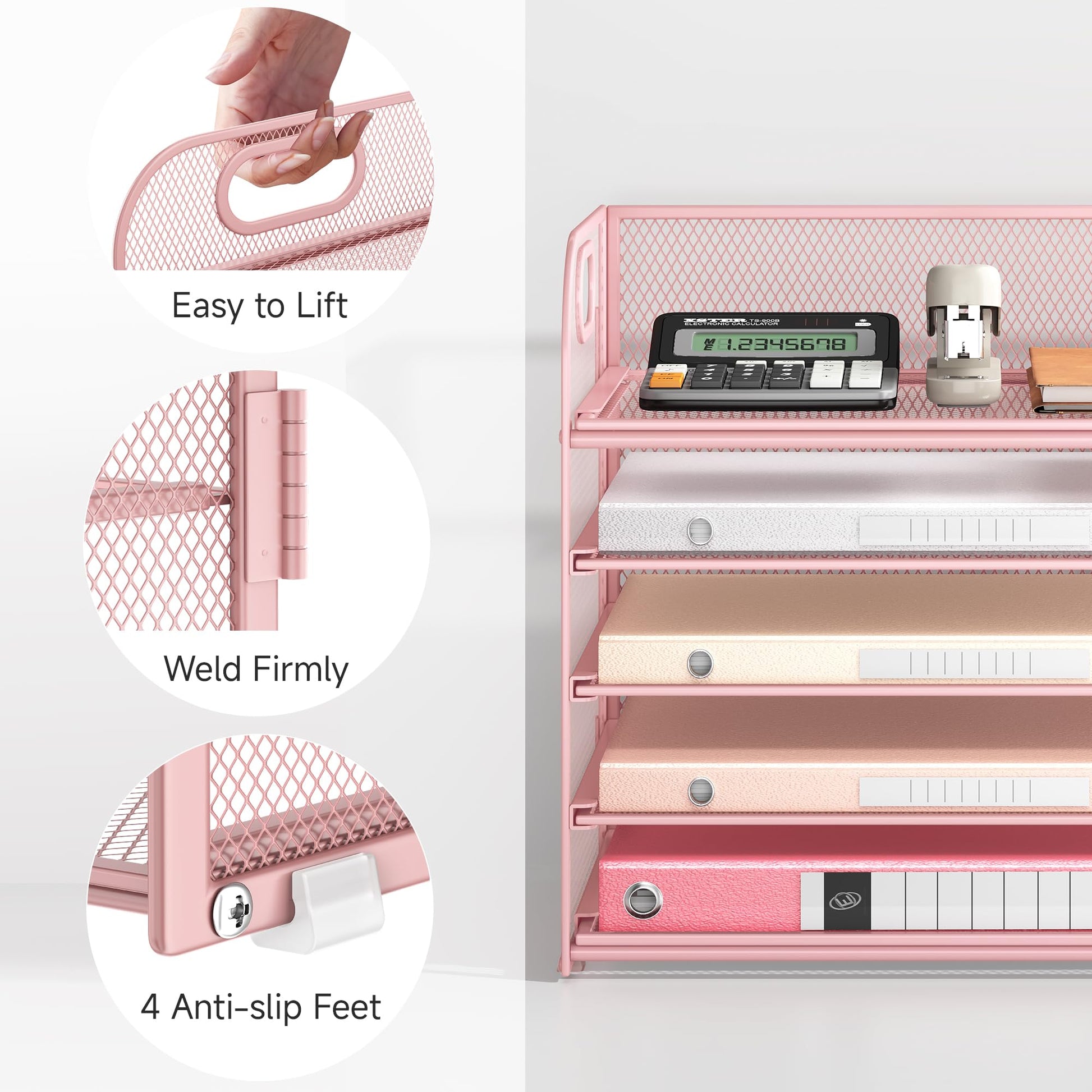 5 Tray Paper Organizer Letter Tray with Handle - Mesh Desk File Organizer, Paper Sorter Organizer