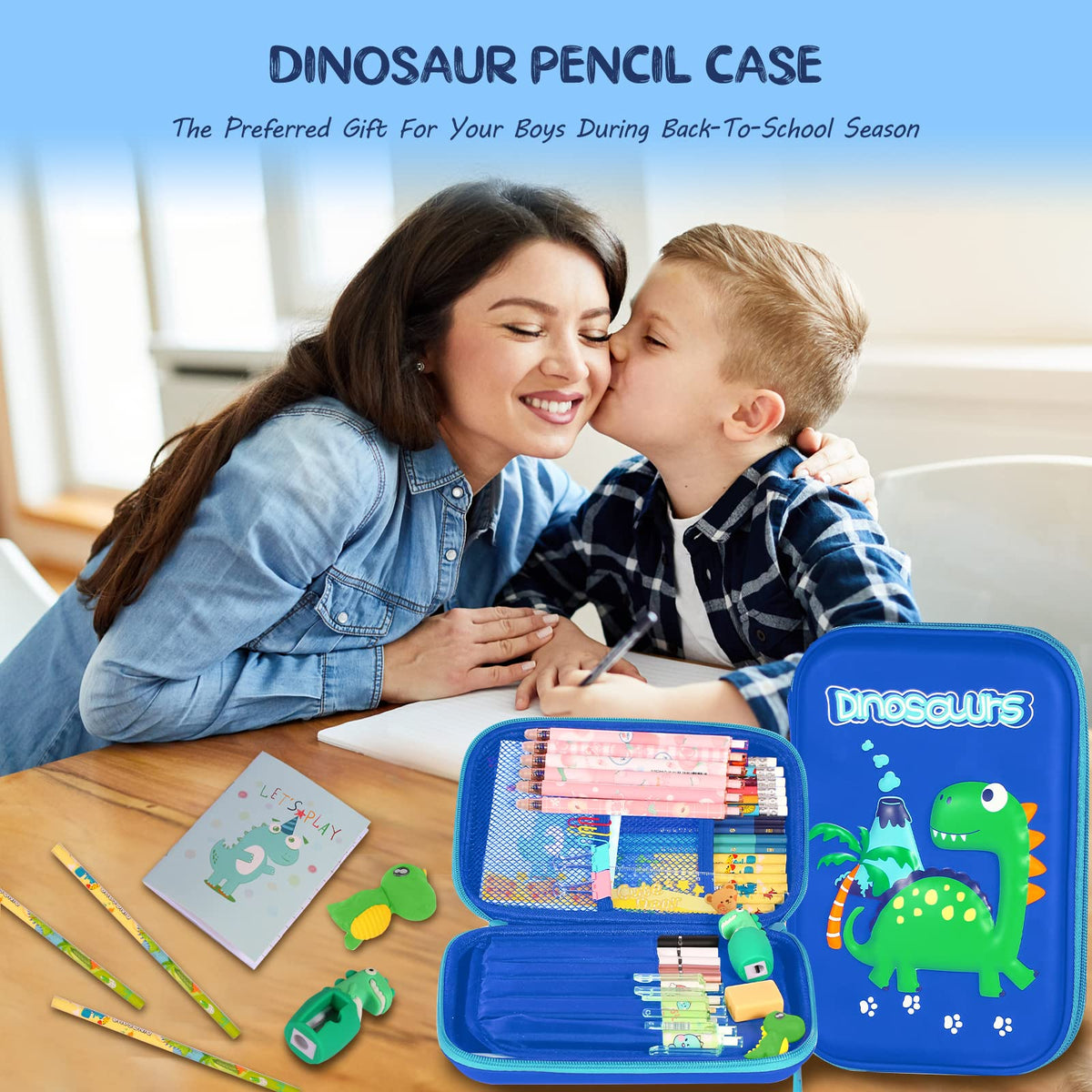 homicozy Pencil Case for Boys,Cute Dinosaur Stationery Set for Kids,3D EVA School Pencil Box
