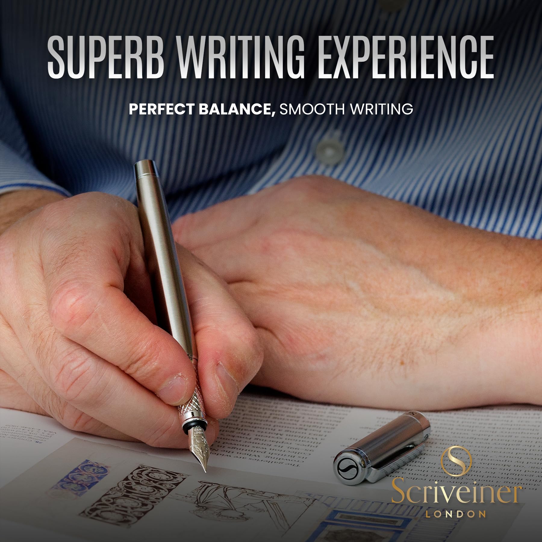 Scriveiner Stainless Steel Fountain Pen - Stunning Luxury Pen with Steel Finish, Schmidt Steel Nib