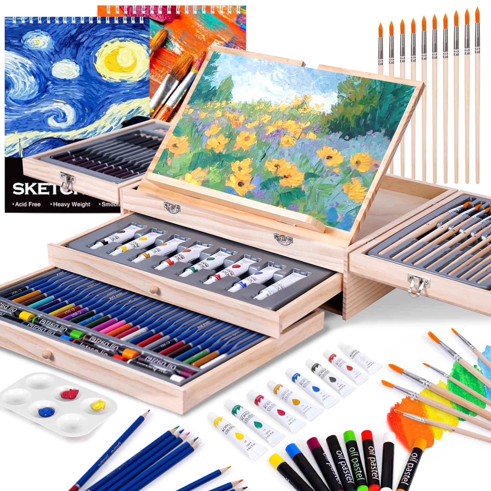 Art Set 85 Piece with Built-in Wooden Easel, 2 Drawing Pad, Art Supplies in Portable Wooden