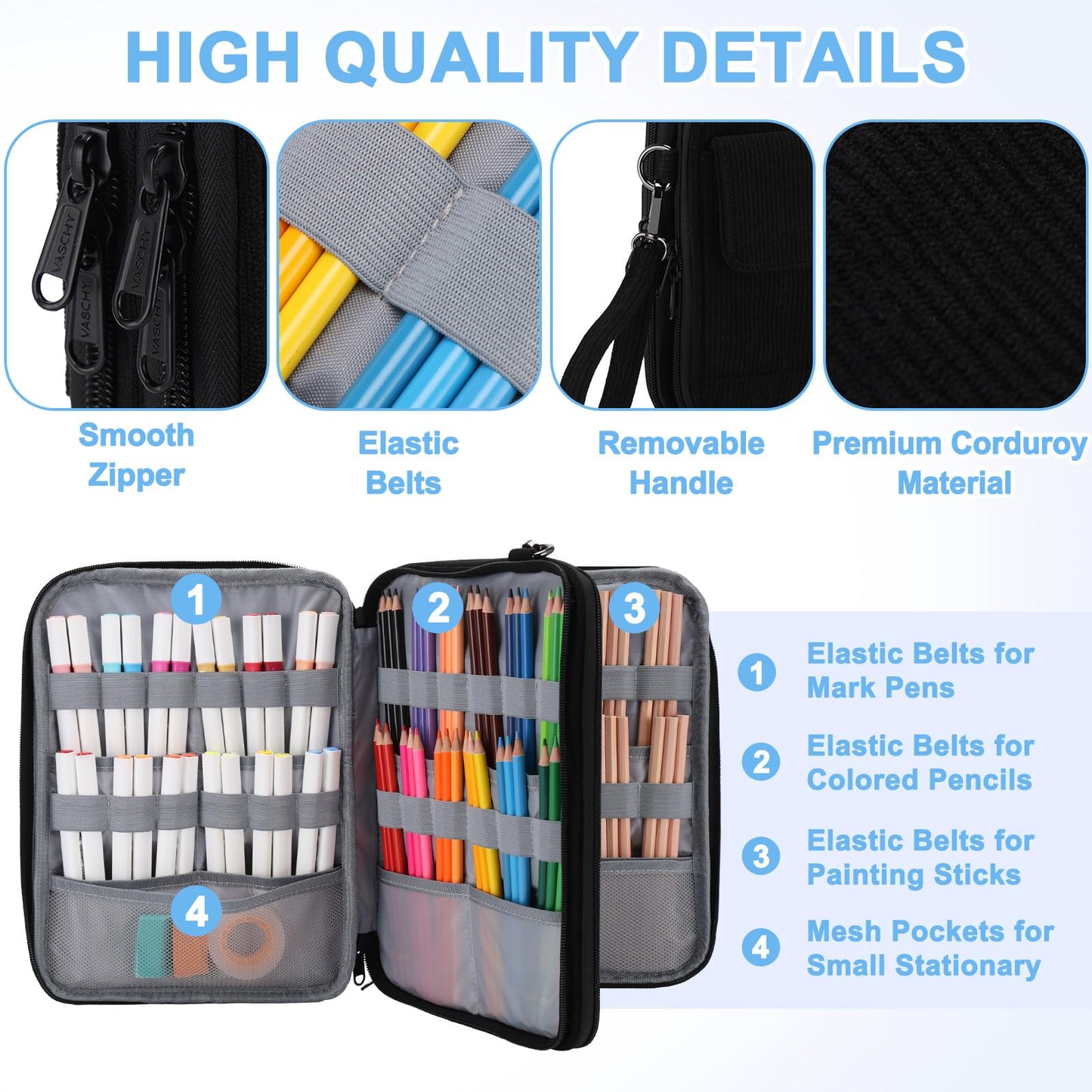 VASCHY Colored Pencil Case, Corduroy Large Pencil Pouch for Art Pens Markers Gel Pens Big Holder