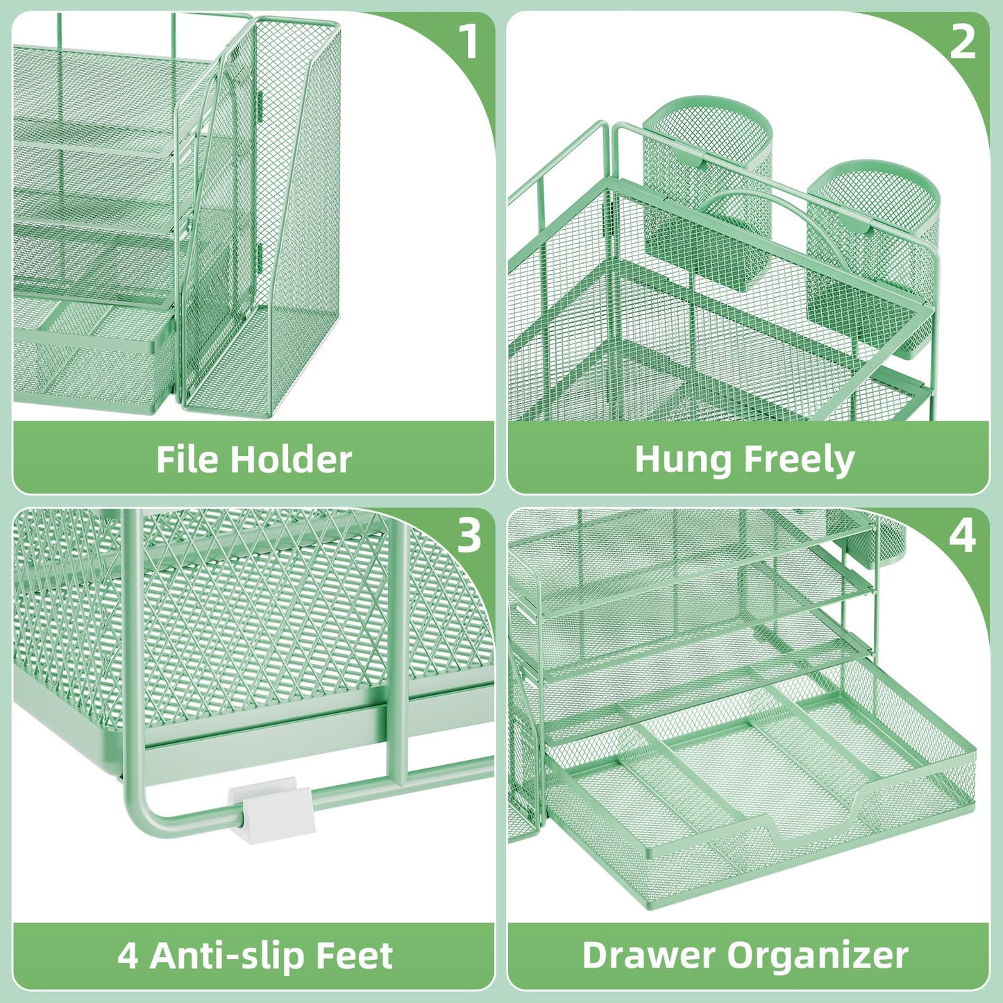 Marbrasse 4-Tier Paper Tray Organizer with Drawer and Pen Holder, Green