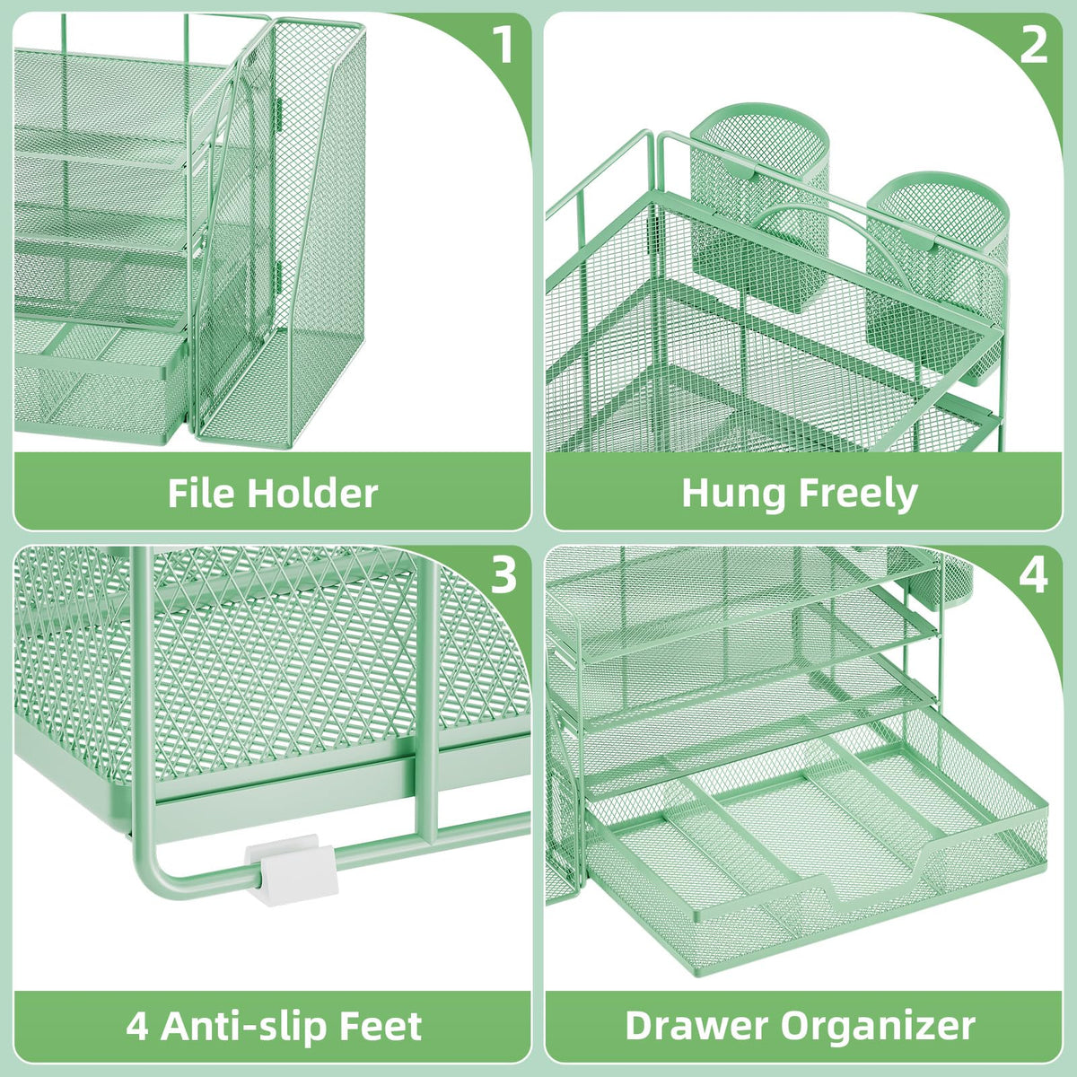 Marbrasse 4-Tier Paper Tray Organizer with Drawer and Pen Holder, Green