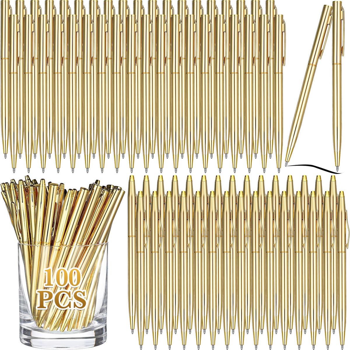 Fuutreo 100 Pack Gold Pens Bulk Metal Slim Ballpoint Retractable Black Ink