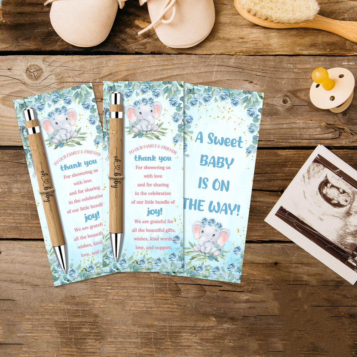 Baby Shower Favors for 30 Guests, Bamboo Pens Greeting Cards, Blue Elephant