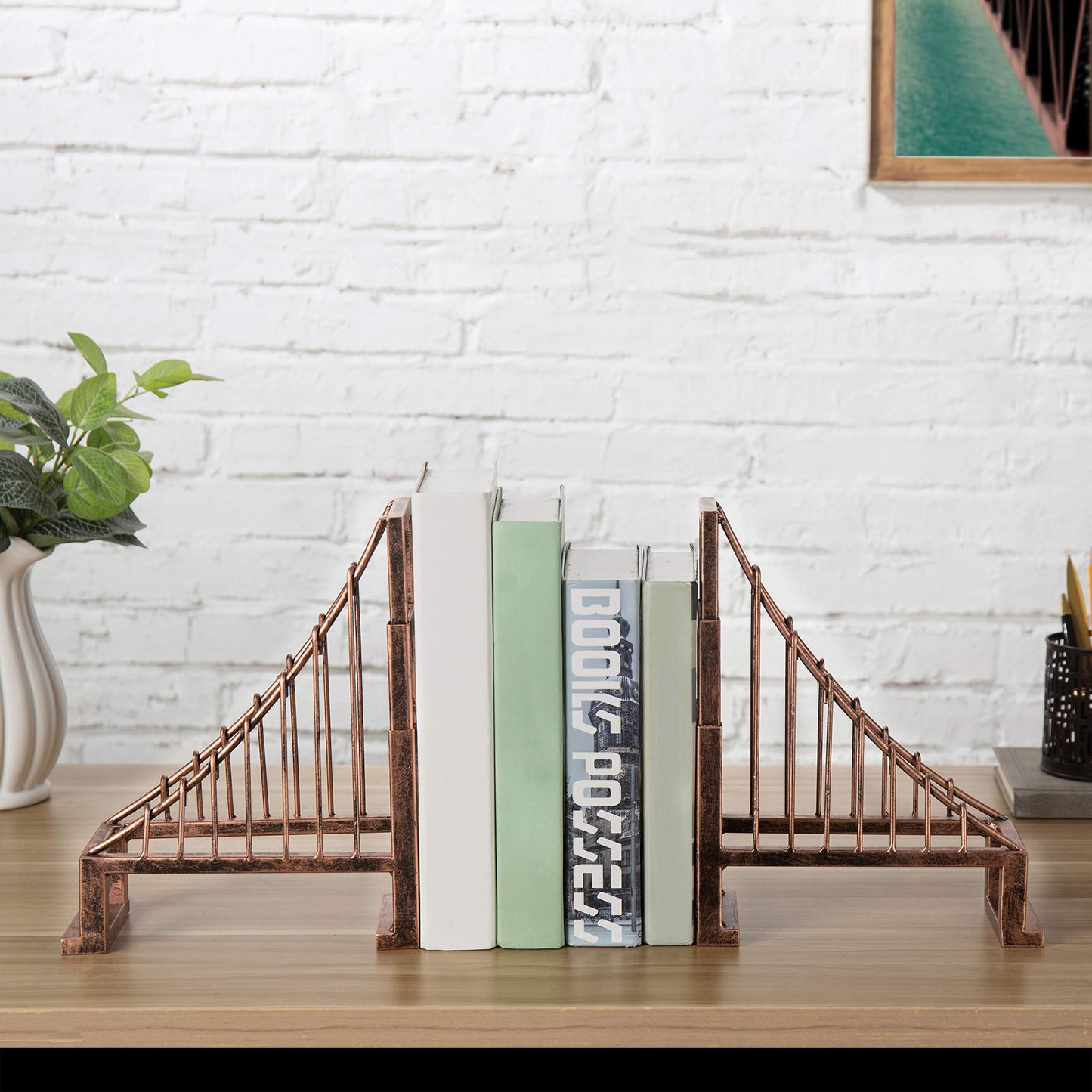 MyGift Decorative Bookends for Heavy Books, Vintage Bronze Metal Suspension Bridge Design Book End