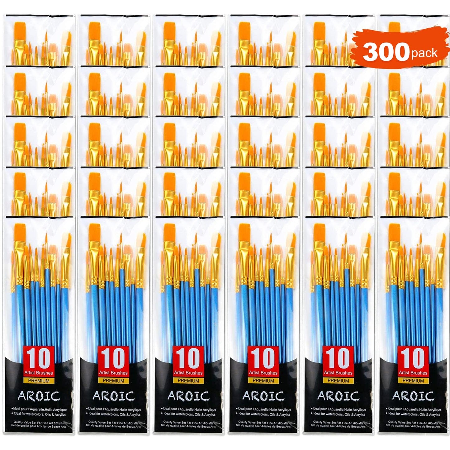 AROIC Painting Brush Set, 30 Packs/300 Pieces, Nylon Brush Head