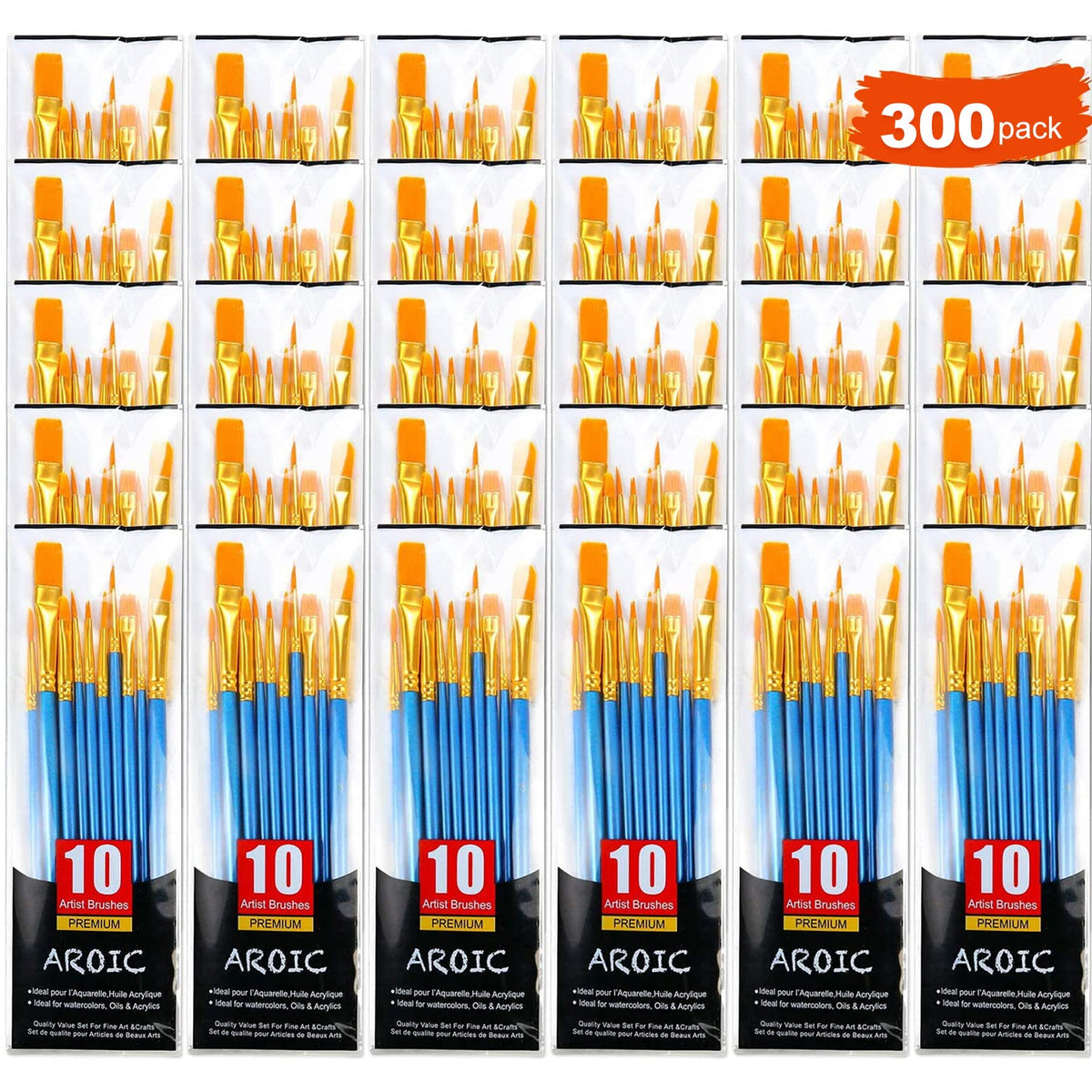 AROIC Painting Brush Set, 30 Packs/300 Pieces, Nylon Brush Head