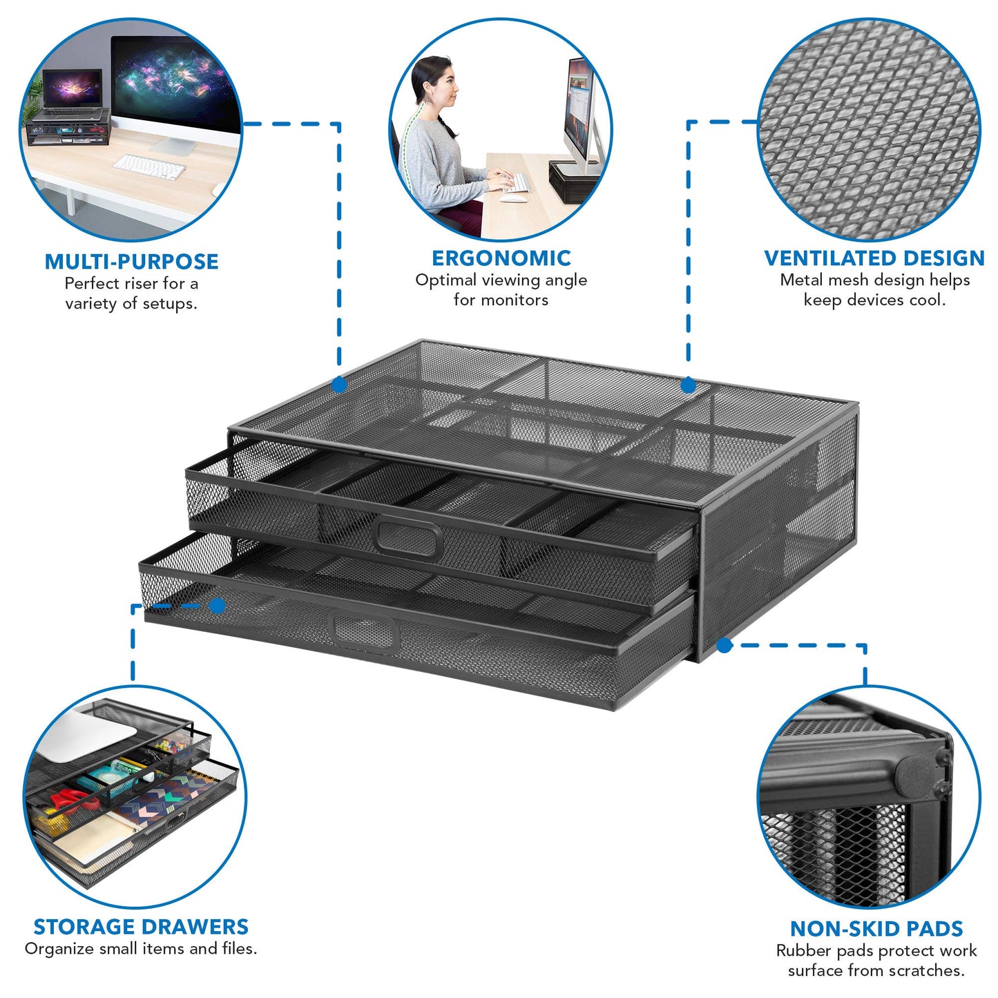 MOUNT-IT! Computer Monitor Stand With Drawers, Metal Mesh Riser and Organizer for Laptops and