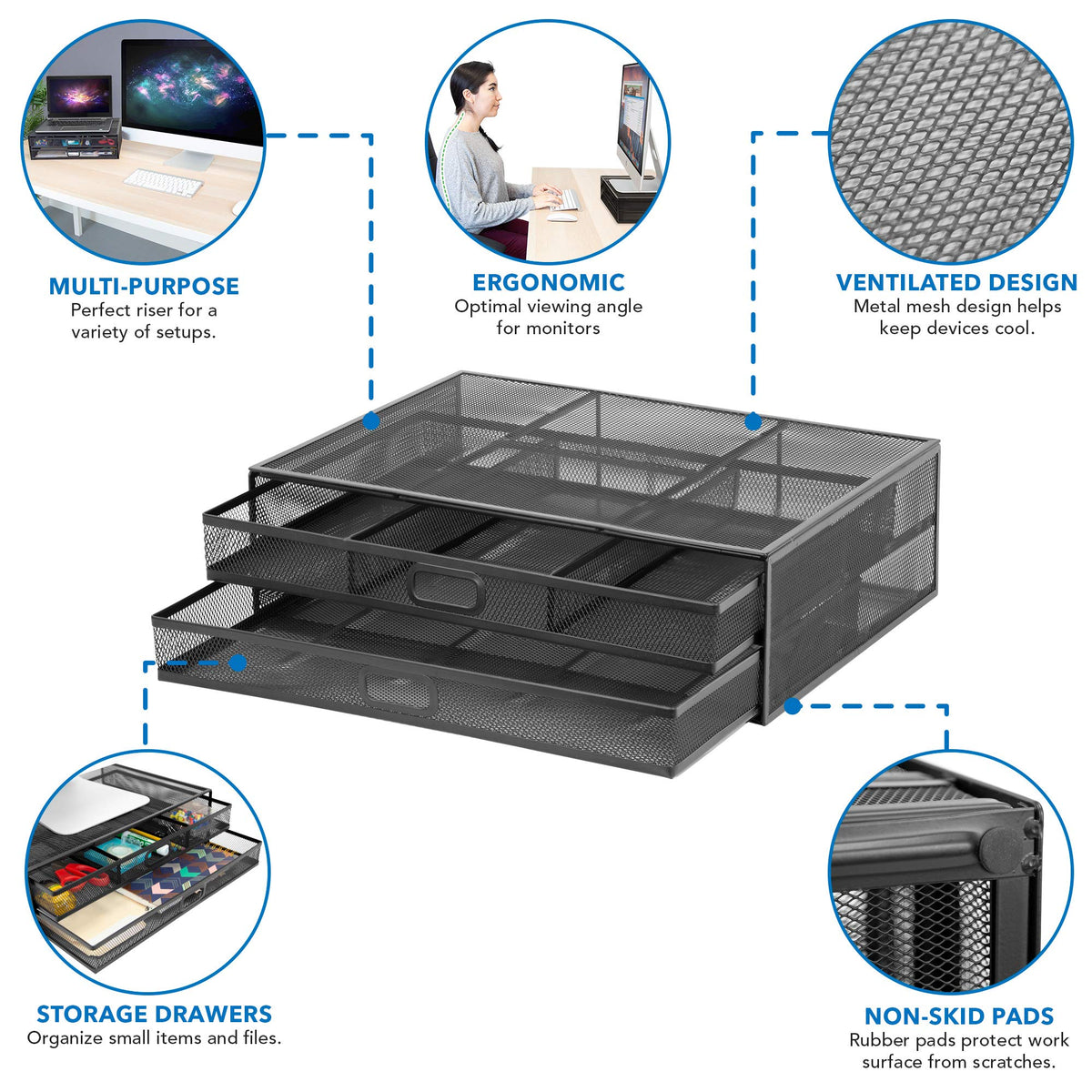 MOUNT-IT! Computer Monitor Stand With Drawers, Metal Mesh Riser and Organizer for Laptops and