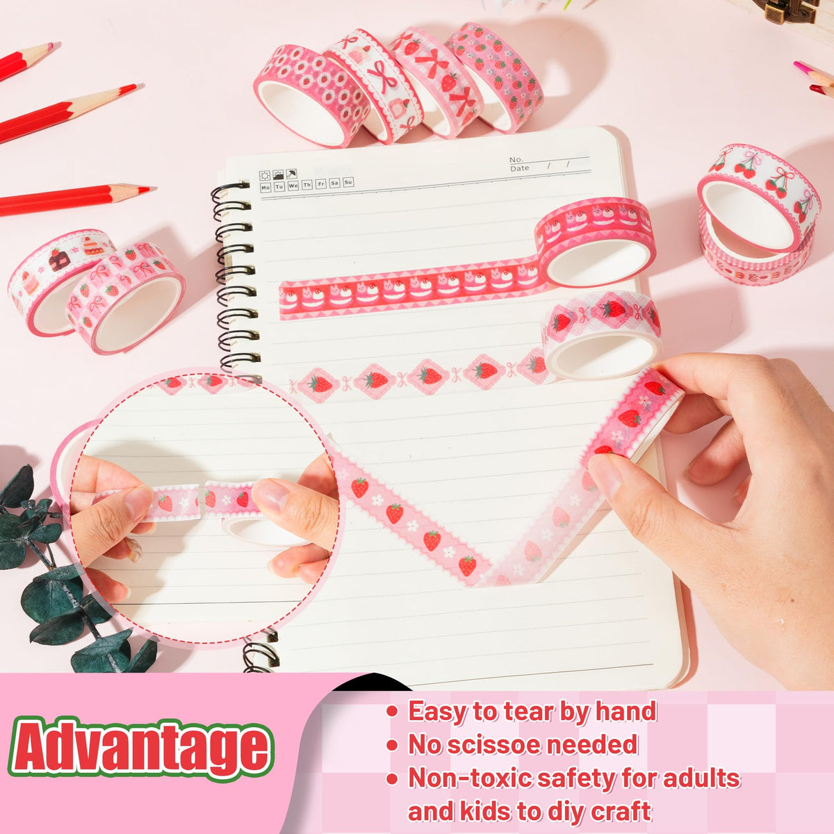 BkeeCten Pink Strawberry Washi Tape - 12 Rolls Waterproof Cute Bow Sweets Desserts Self Adhesive