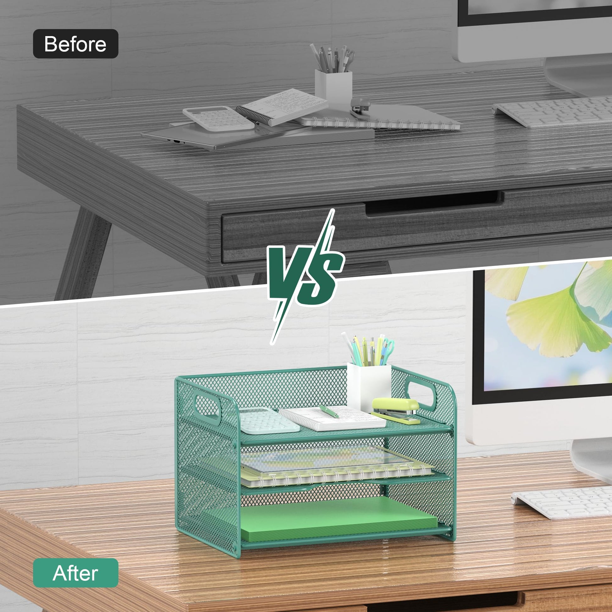 Samstar 3 Tier Green Letter Tray Paper Organizer with Handle, Mesh Desk Organizer Paper Sorter File