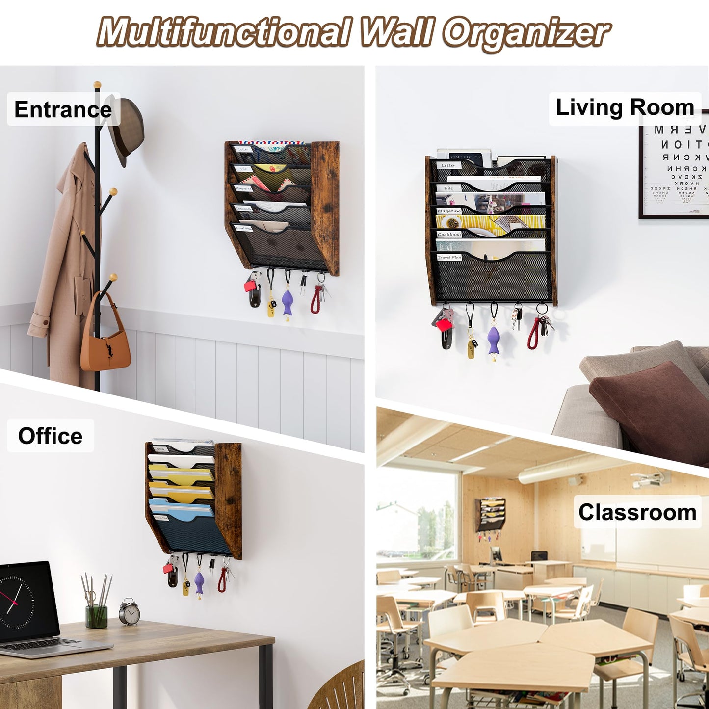 PAG-Mass Wall File Organizer With Hooks, 5 Tier Mesh Mail Organizer Wall Mounted,Hanging File
