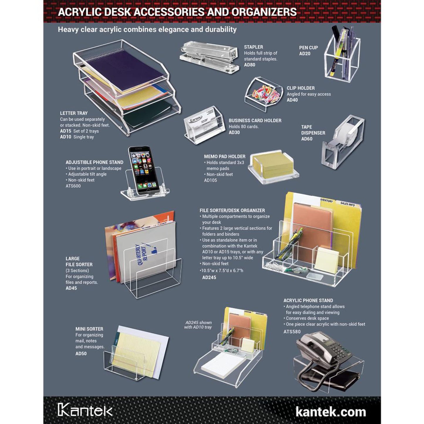 Kantek Clear Acrylic Large Letter Tray, Stackable Desk Organizer, Front Loading, 10.6" x 13.9" x