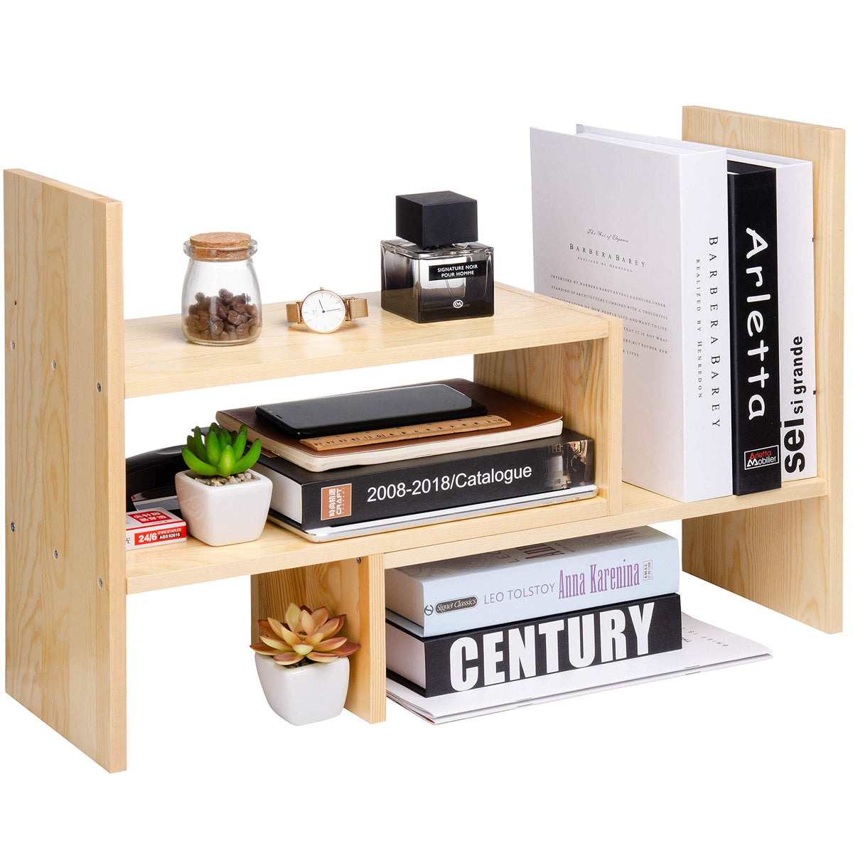VERGOODR Desktop Organizer Office Storage Rack Adjustable Natural Wood Display Book Shelf Stand