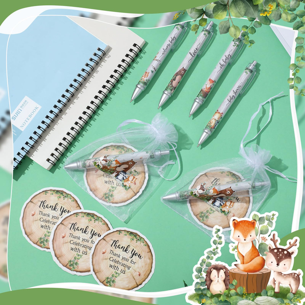 50 Sets Baby Shower Favors for Guests(White Green, Woodland Animal)