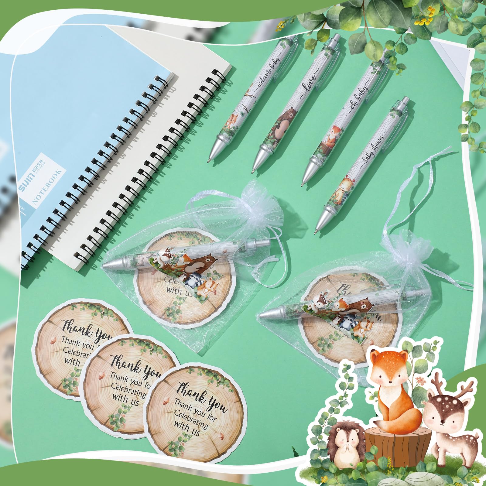 50 Sets Baby Shower Favors for Guests(White Green, Woodland Animal)