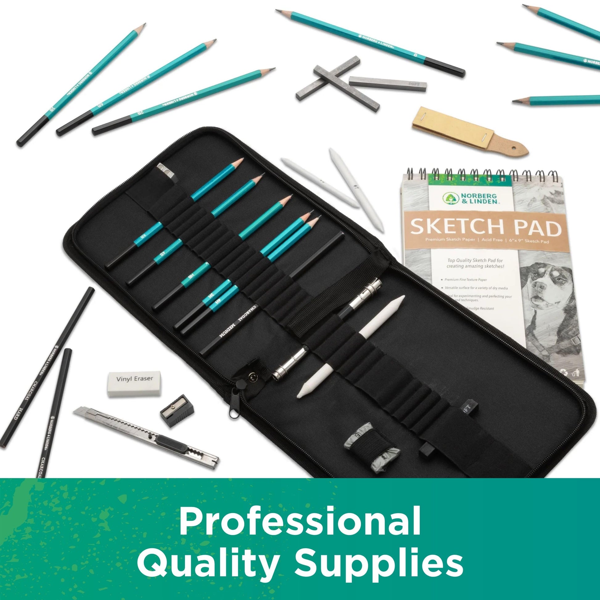 Norberg & Linden XL Drawing Set - Sketching, Graphite and Charcoal Pencils. Includes 100 Page