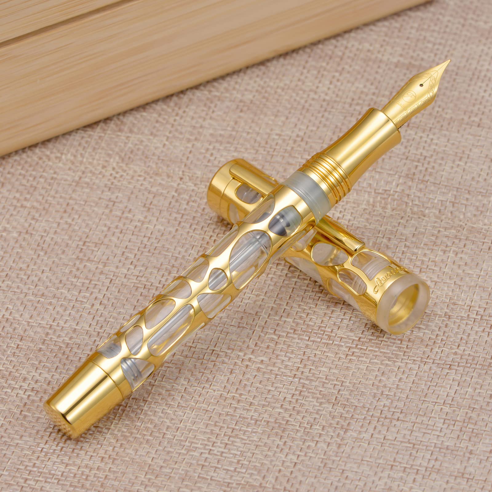 Asvine V169 Vacuum Filling Fountain Pen Medium Nib, Water Drop Skeleton Gold Trim Transparent Clear