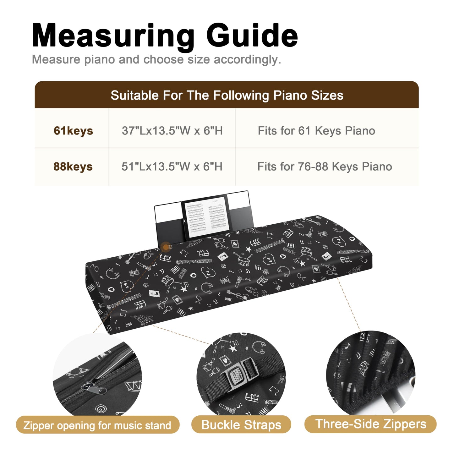 Explore Land 88 Keys Piano Keyboard Cover with Music Stand Opening, Symbols
