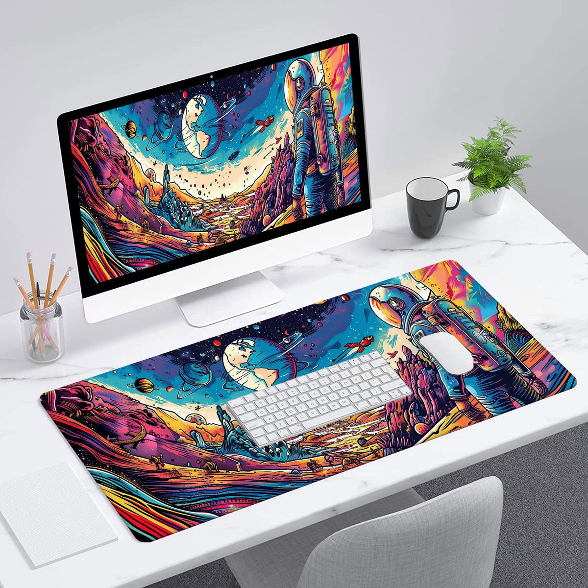 Space Planet Desk Mat Astronaut Spaceship Cosmic Large Gaming Mouse Mat with Stitched