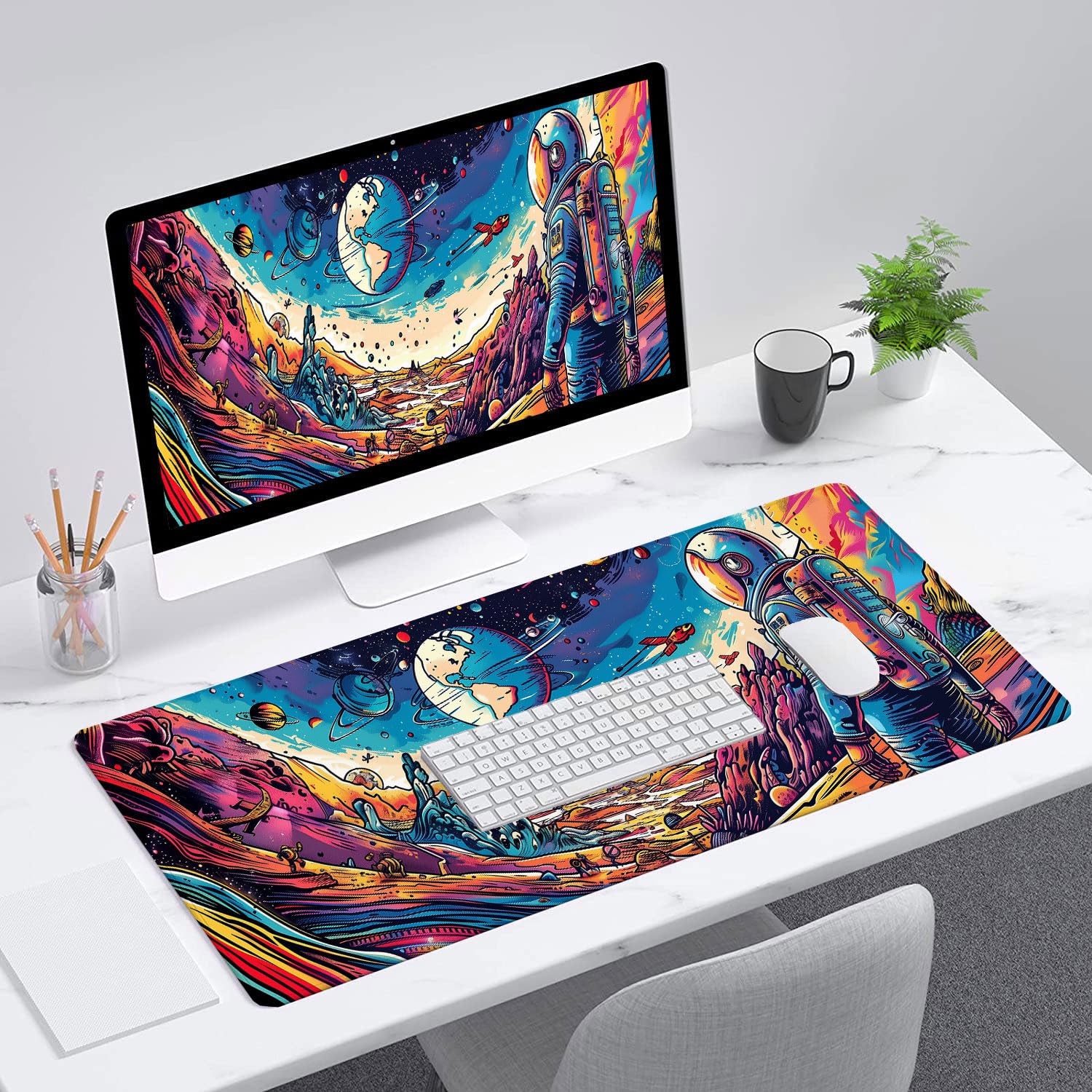 Space Planet Desk Mat Astronaut Spaceship Cosmic Large Gaming Mouse Mat with Stitched