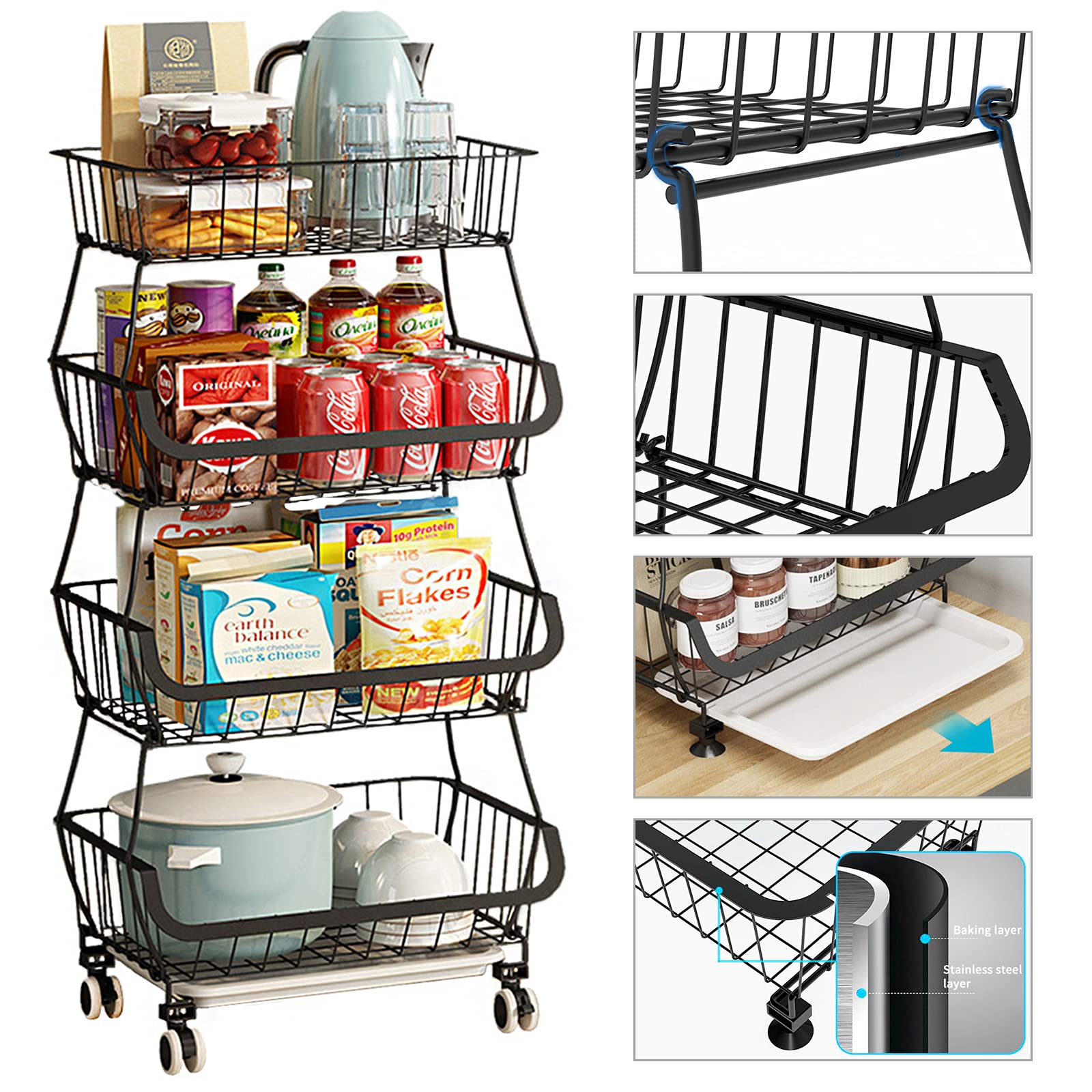 KOLENSA Metal Wire Baskets with Wheels, Stackable Storage Bins Kitchen Organizer Shelf 3-4-5-6 Tier