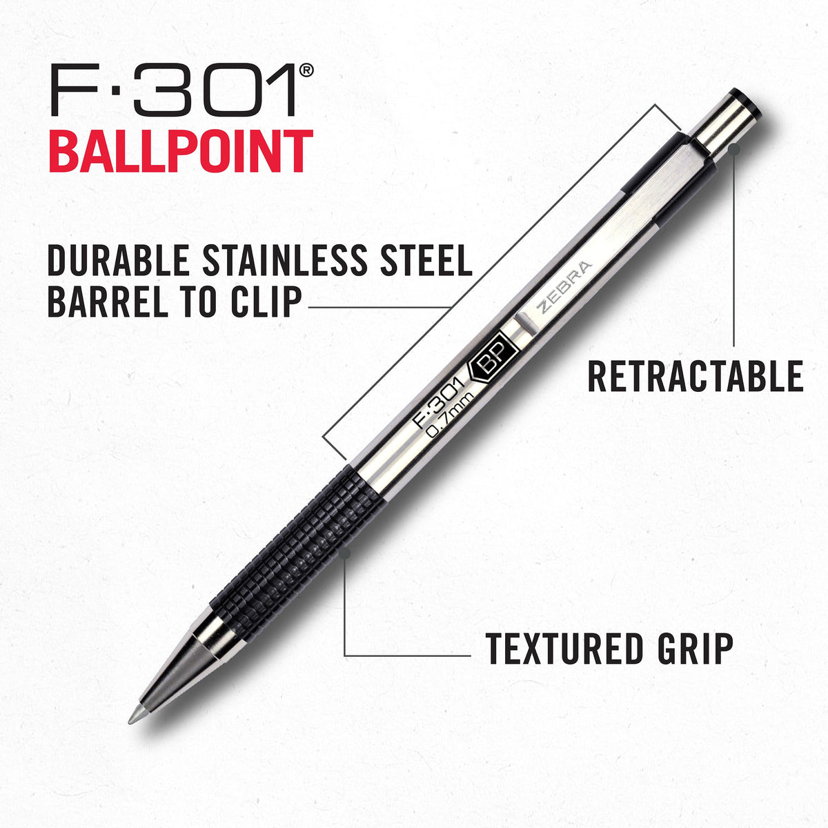 Zebra Pen STEEL F-301 Retractable Ballpoint Pen, Black Ink, 0.7mm, 18-Pack