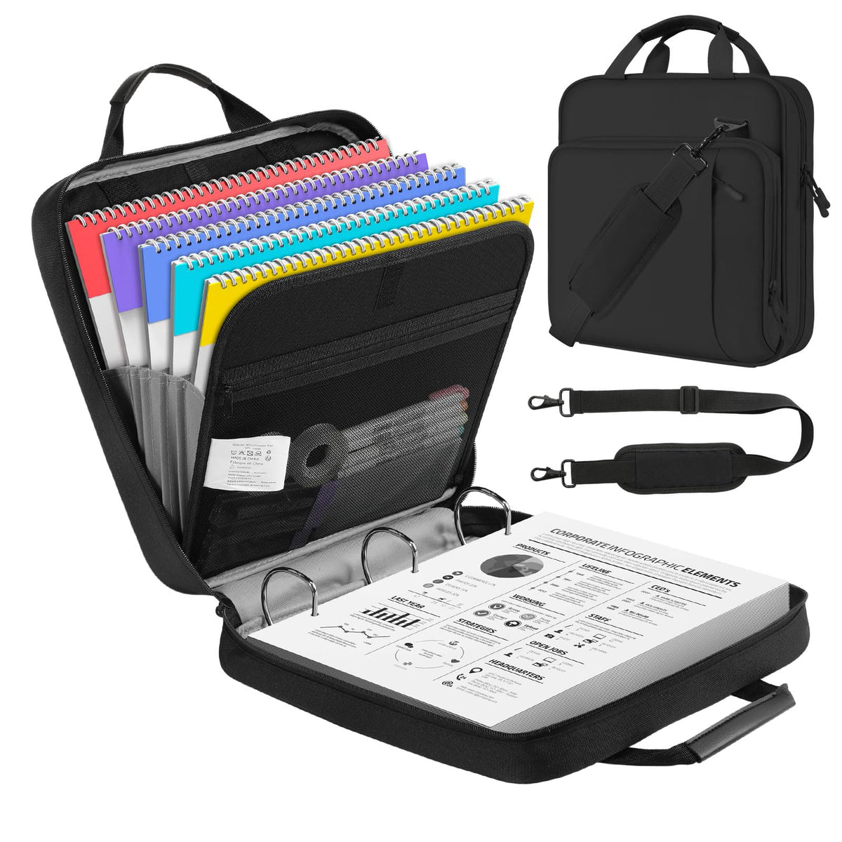 MoKo Zipper Binder, 3 Inch 3 D Ring, 5 Tab File Folders, 700 Sheets, Black