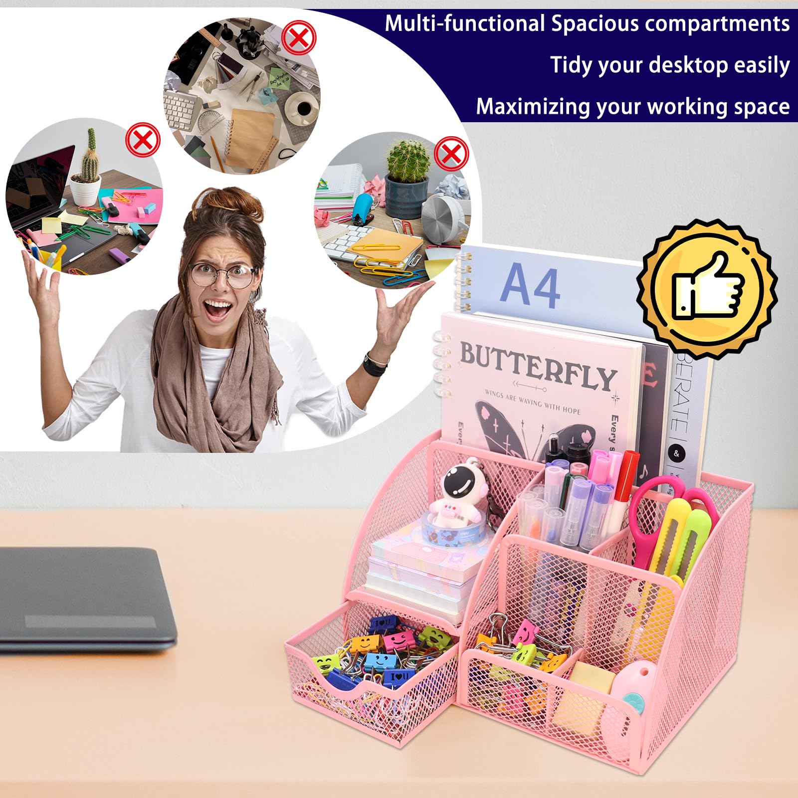 Boutilon Mesh Desk Organizer Desktop Office Supplies Stationary Organizer with 6 Compartments and 1