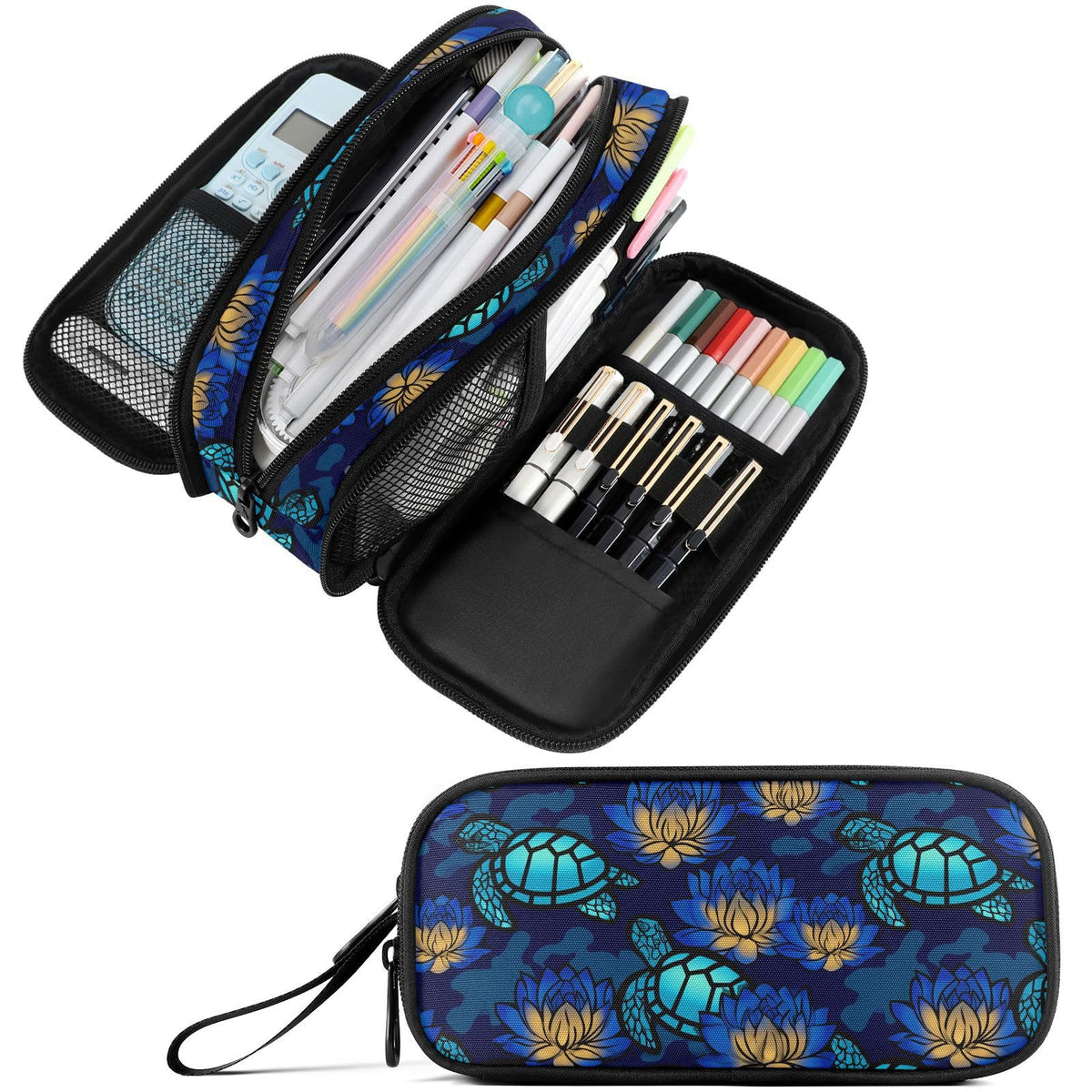 Fustylead Turtles and Lotuses Large Pencil Case, Minimalist Portable Stationery Bag Cosmetics Bag