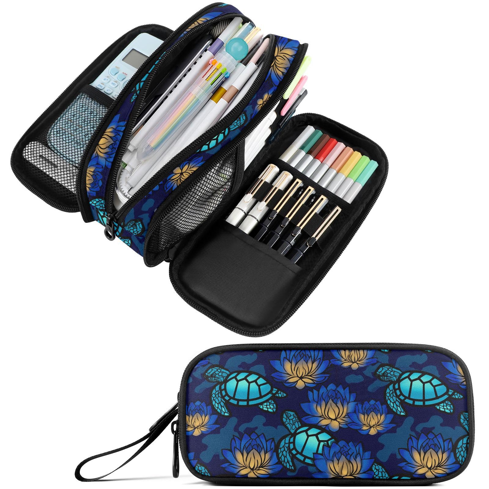 Fustylead Turtles and Lotuses Large Pencil Case, Minimalist Portable Stationery Bag Cosmetics Bag