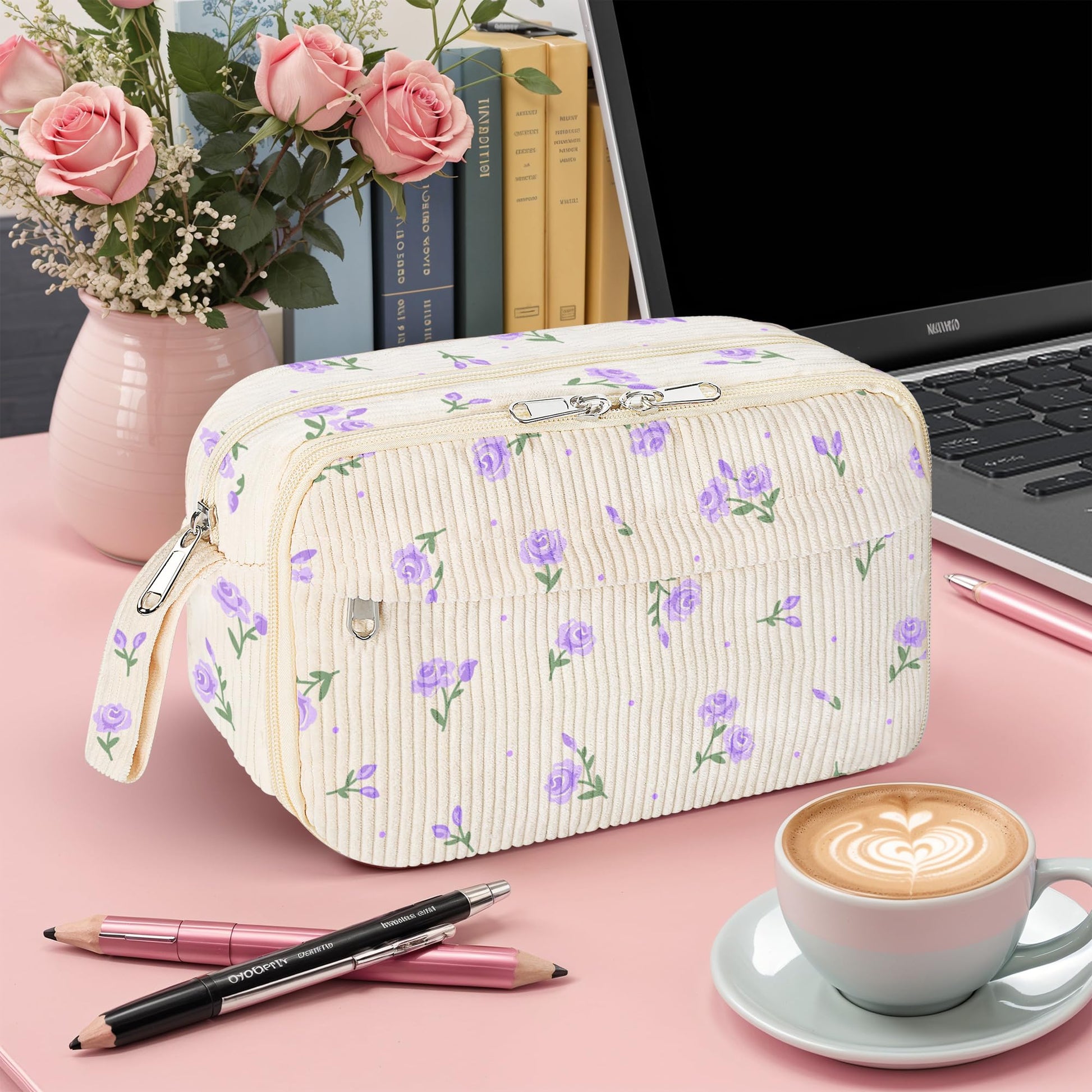 WOBAGMEN Cute Pencil Case,Large Corduroy Zippered Pencil Case Pouch, aesthetic Pencil Bag with
