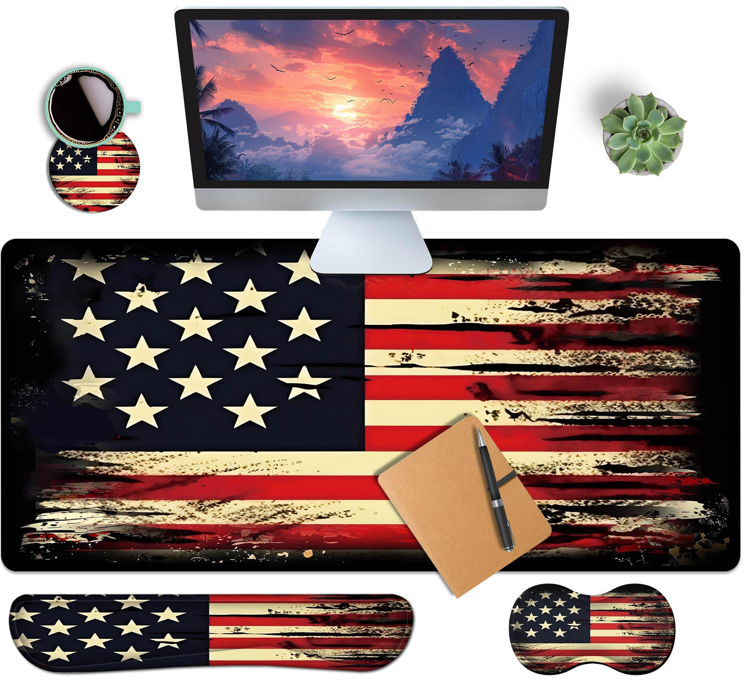 HaoSiTeck 4-Piece Extended Large Mouse Pad Set for Women Men with Retro Flag Design Includes 35.4 x