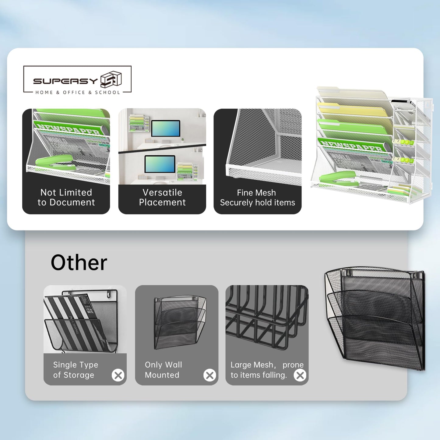 5-Tier Wall File Organizer with 4 Pen Holders and R-Shaped Tray,White