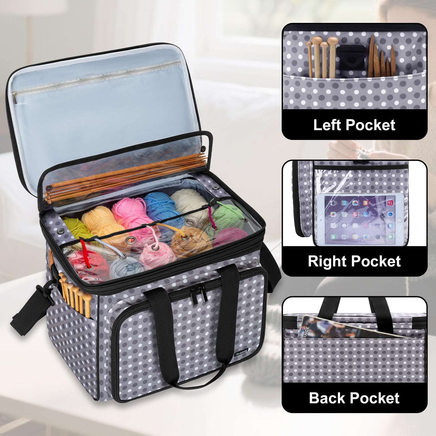Teamoy Crochet Bag Knitting Bag Yarn Storage Tote, Yarn Organizer, Gray Dot
