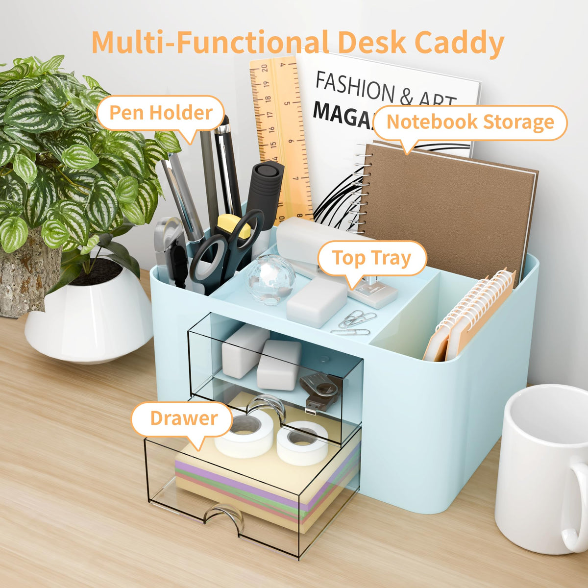 CasaCulina Desk Organizer with 2 Drawer, Multi-Functional Pencil Pen Holder, Plastic Desk