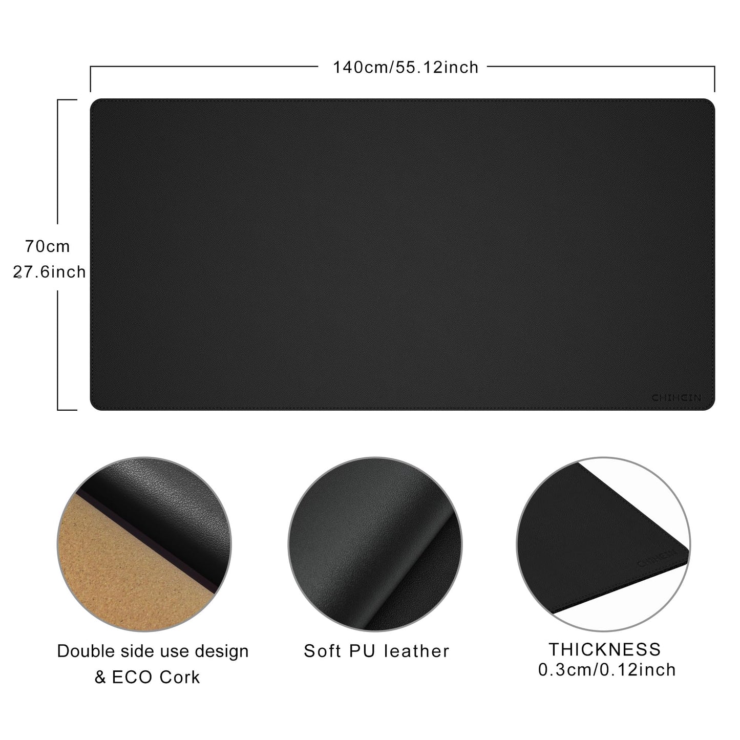 Chihein Cork & PU Leather Desk Mat 55” x 28” Black