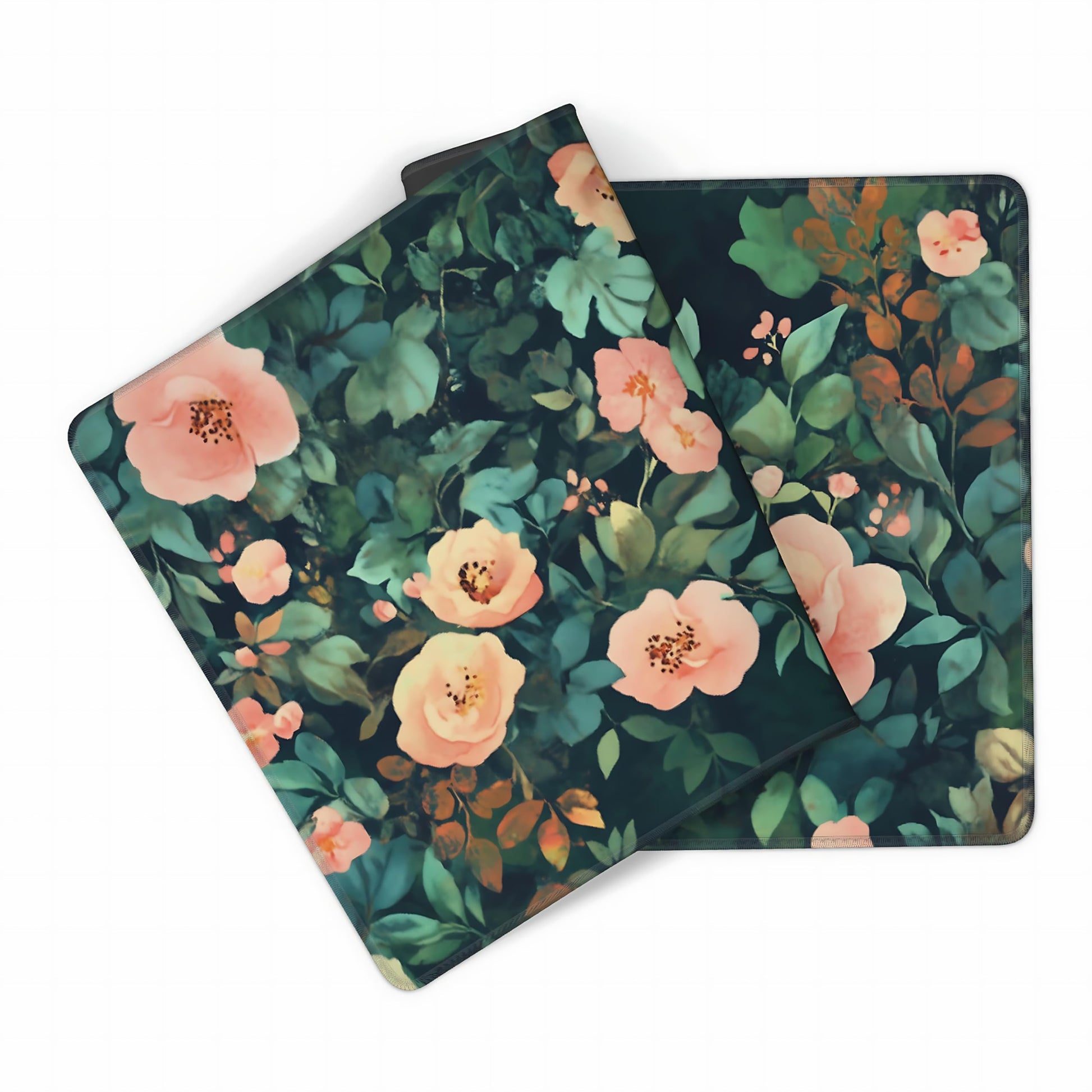 Cute Floral Aesthetic Rose Gaming Mouse Pad, Forest Green Moody Forest Desk Mat with Anti-Slip Base