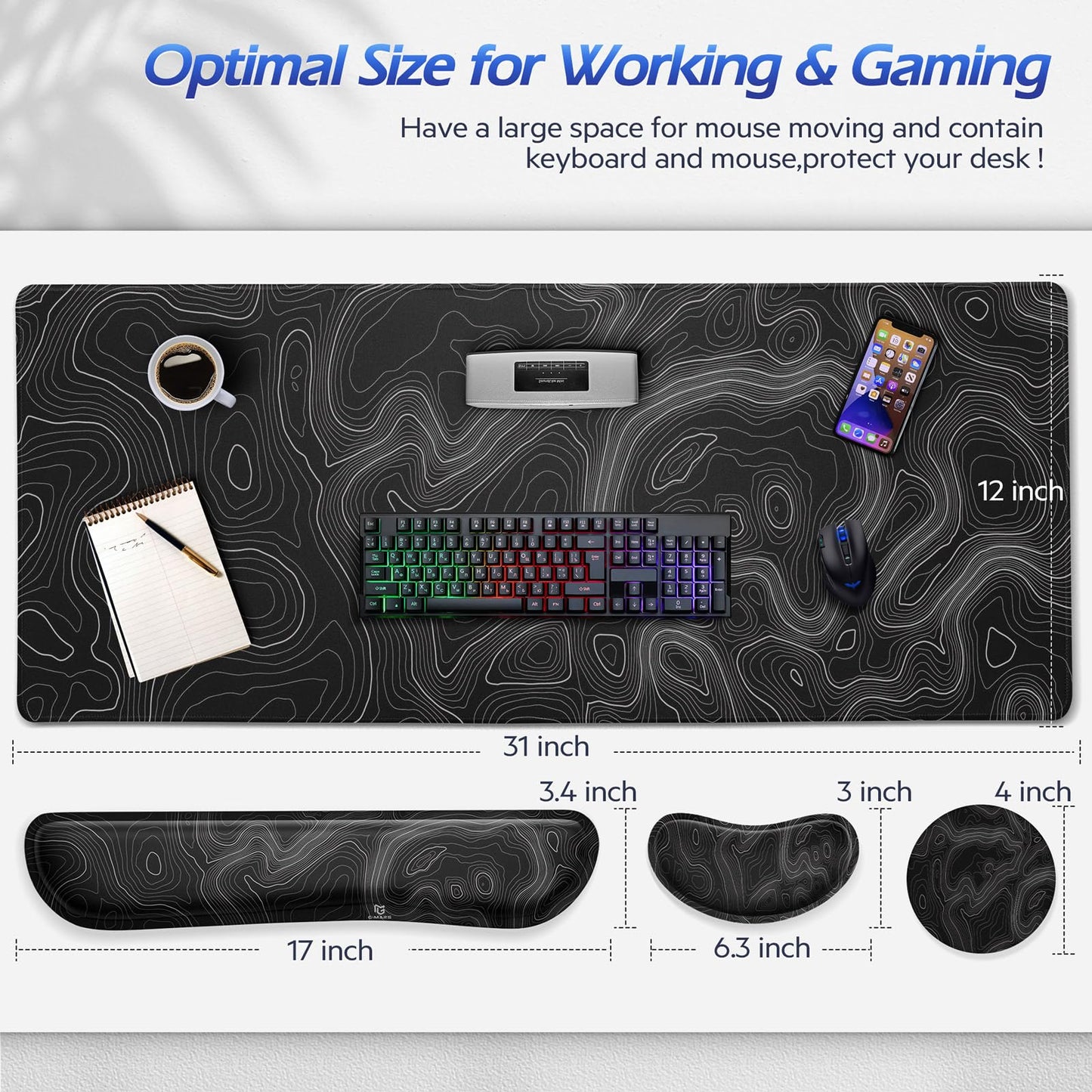 Gimars 4 in 1 Mouse Pad and Keyboard Wrist Rest Set, Large Mouse Pad with Memory Foam Wrist Support
