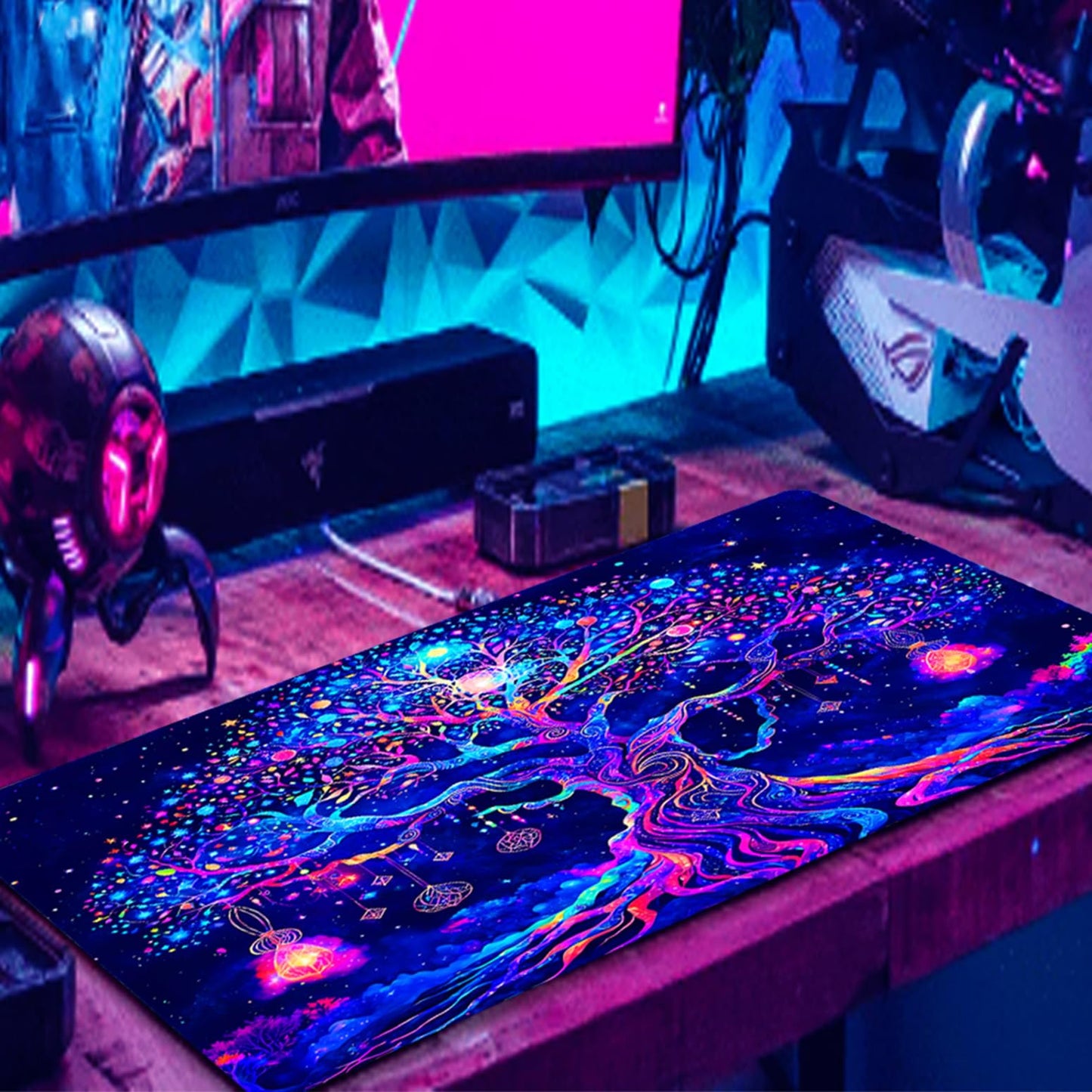 Manicer Colorful Tree of Life Mouse Pad, Blacklight Gaming Extended Large Desk Pad, UV Reactive
