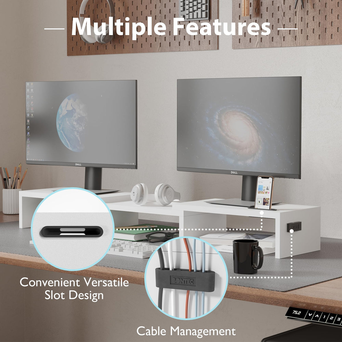 BONTEC Dual Monitor Stand Riser, Adjustable Length & Swivel Angle, White