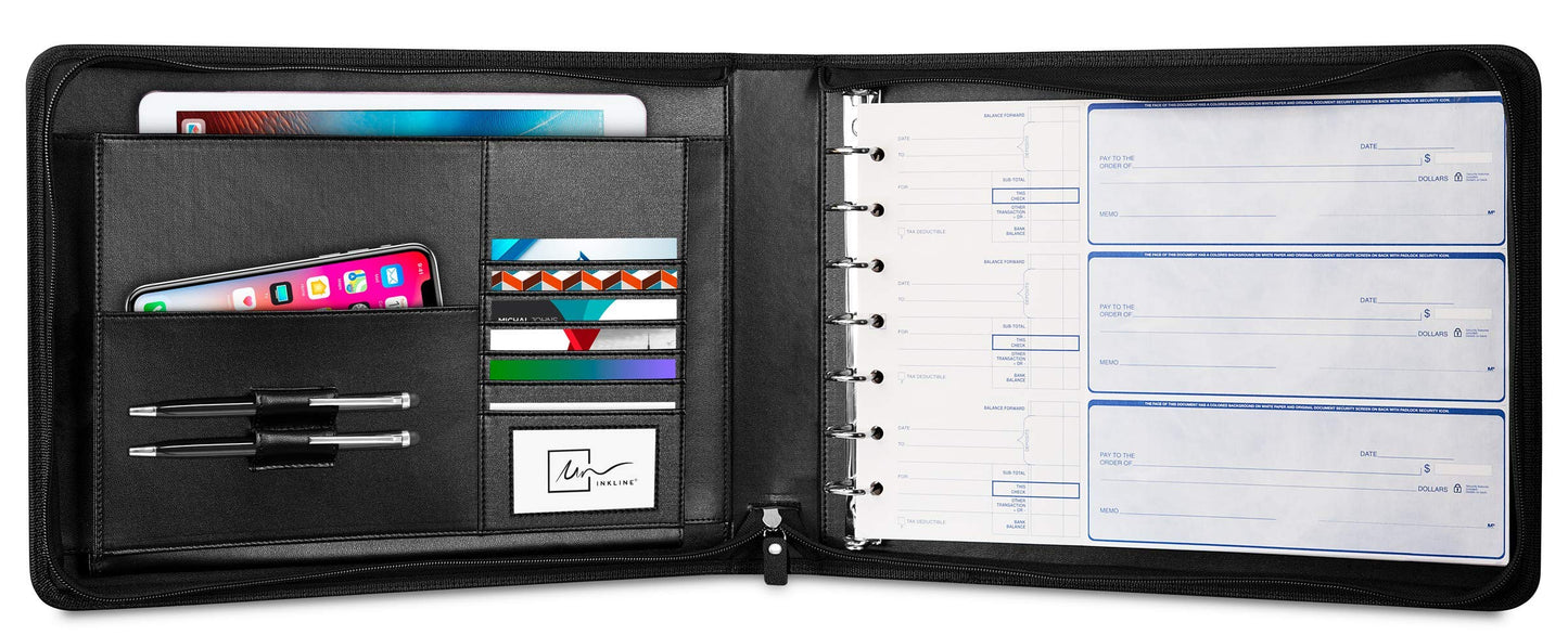 Inkline 7 Ring Check Binder Portfolio -Professional PU Leather Binder with Zippered Closure -500