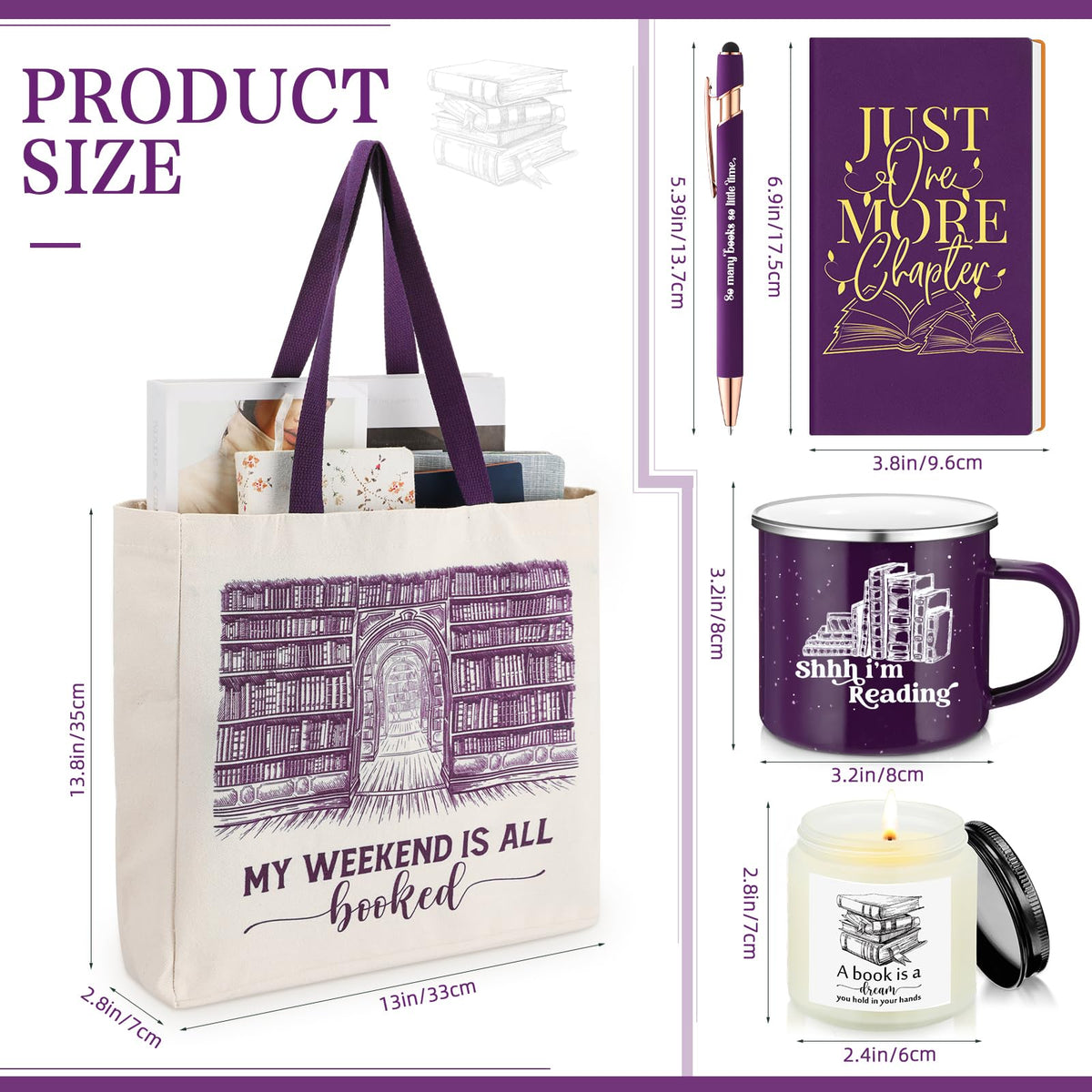 Jetec 5 Piece Book Lovers Set, Canvas Tote Bag Notebook, Candle, Purple