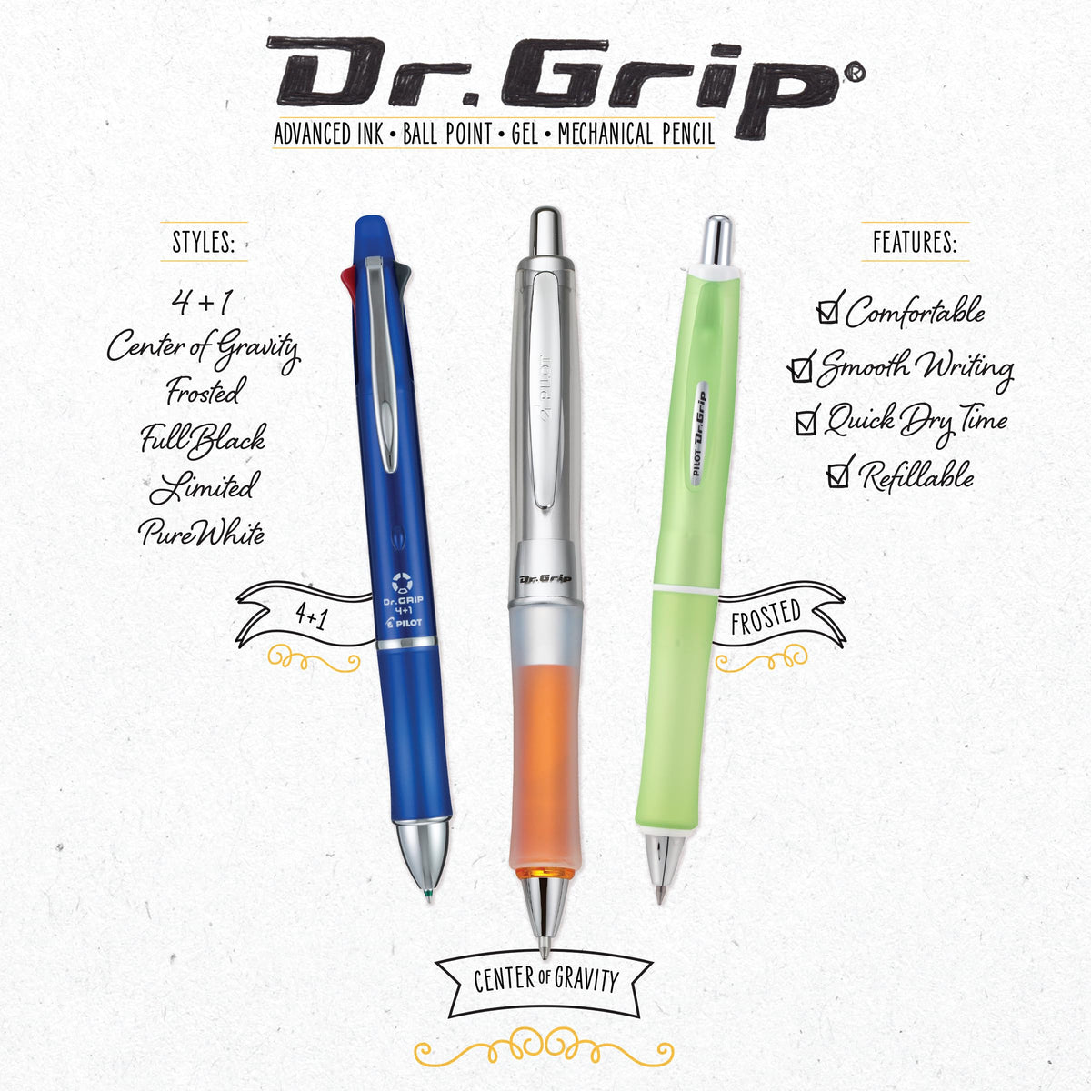 Pilot Dr. Grip Frosted Ballpoint Pen, Medium 1.0mm, Purple Barrel, 2-Pack