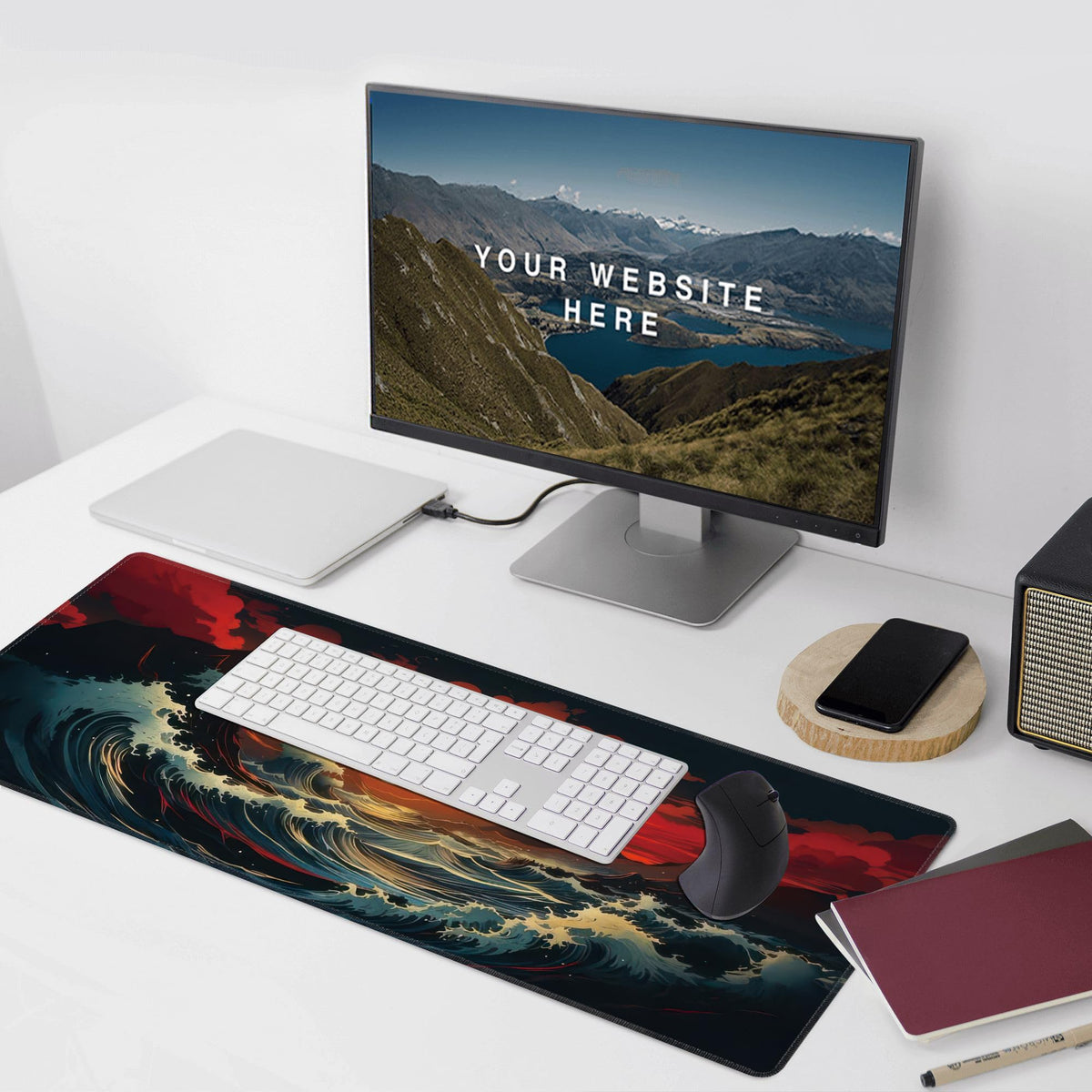 Japanese Sea Wave Large Mouse Pad,Gaming Keyboard Desk Pad,Extended Mouse Mat Non-Slip Rubber Base