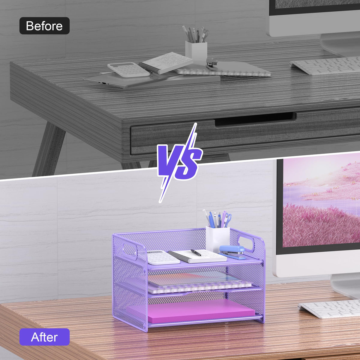 Samstar 3 Tier Purple Letter Tray Paper Organizer with Handle, Mesh Desk Organizer Paper Sorter