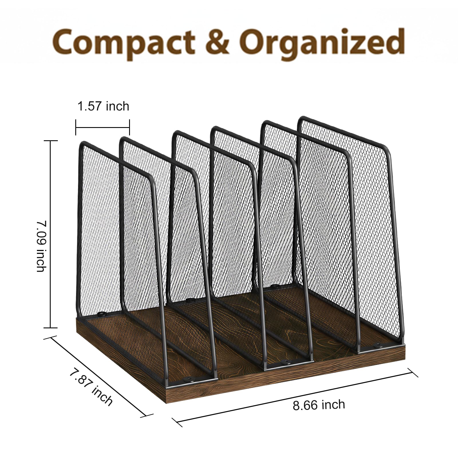 Becomrock 5-Section Vertical File Organizer for Desk, Sturdy Wood Base & Metal Mesh Desktop File