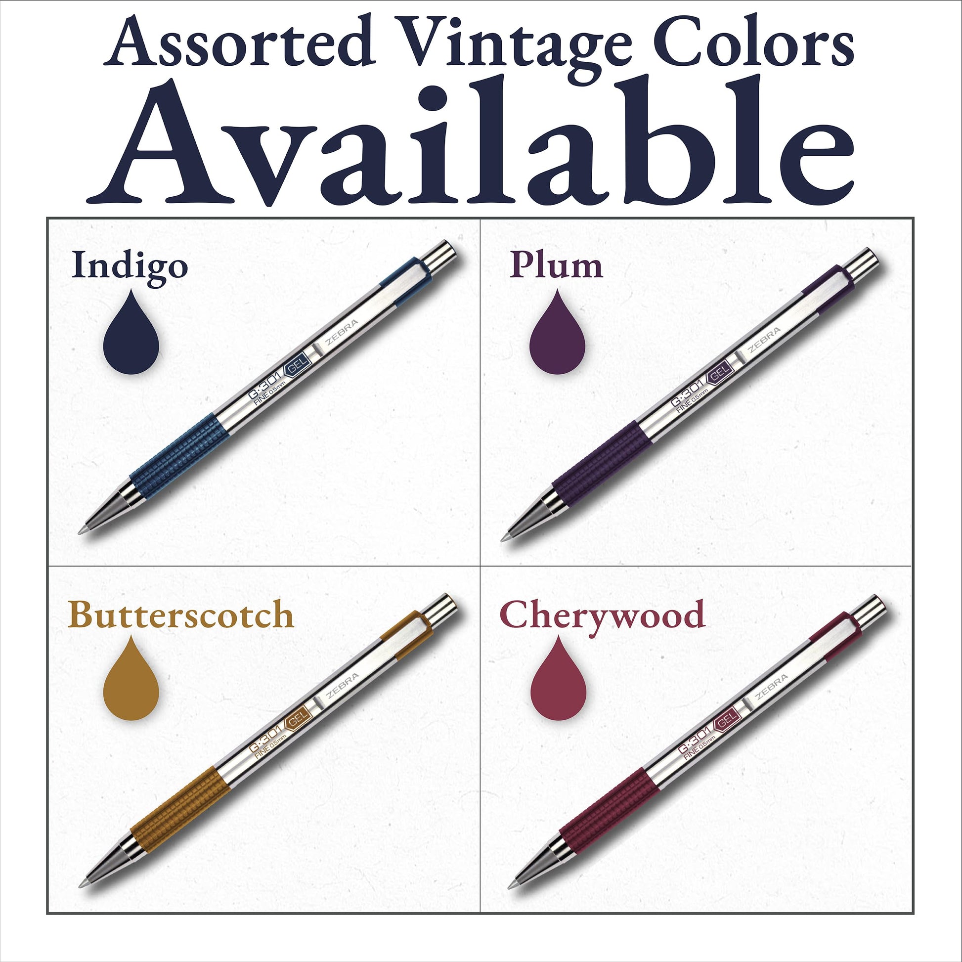 Zebra Pen STEEL G-301 Retractable Gel Pen, Assorted Vintage Ink, 0.5mm, 4Pk