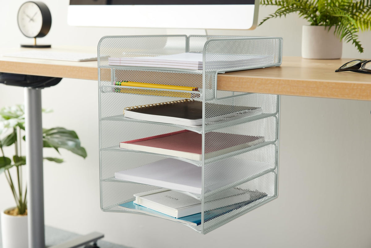 Safco Onyx Hanging Desktop Organizer with 5 Horizontal Trays, Under-Desk Storage. Fits Tables 1.75"